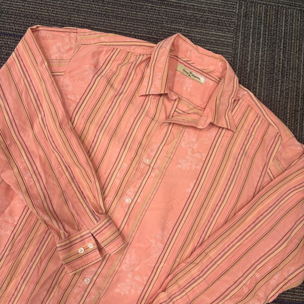 Tommy Bahama Mens Silk Cotton Blend Striped Floral Button Up Shirt‎ XL